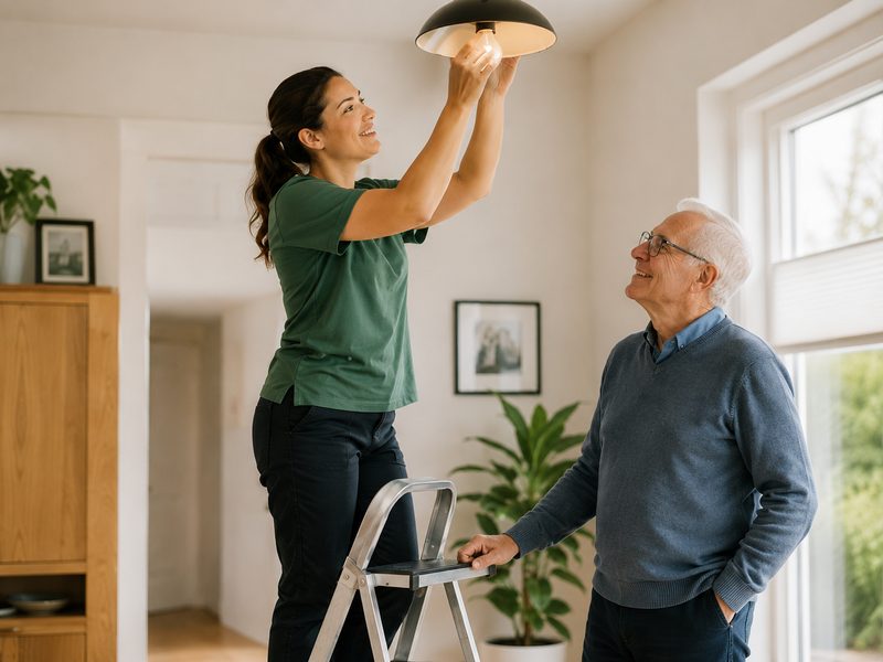 Klushulp hangt een lamp op, oudere bewoner kijkt tevreden mee